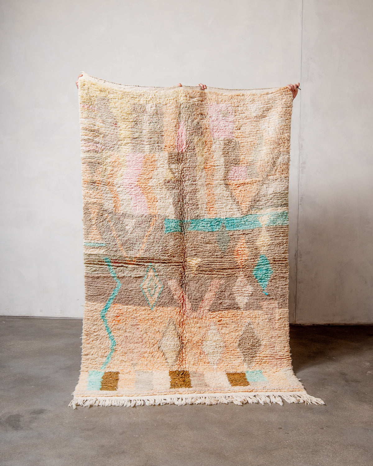 Modern, designer, handcrafted Berber rug from Morocco. Vintage carpet with beautiful colours and patterns and fluffy texture.